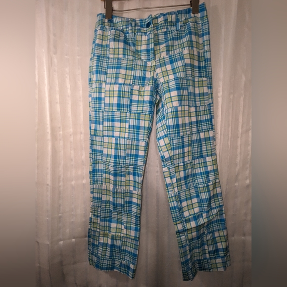 Lilly Pulitzer Pants - LILLY PULITZER Pants Blue White Yellow Plaid Patchwork Vibes size 4